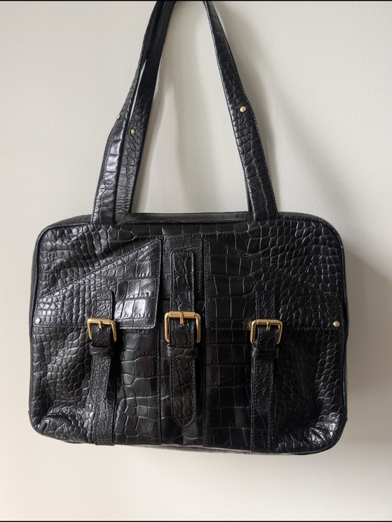Lauren Ralph Lauren Handbags - Lauren Ralph Lauren Black Embossed Croc Leather Double Zip Briefcase Tote Bag